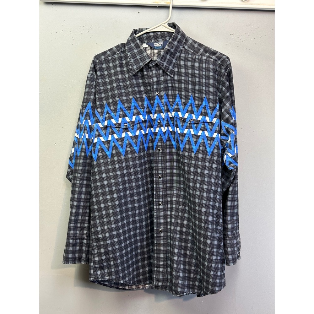 Brooks & Dunn Western Shirt‎ Men 16.5 Grey Blue Plaid Panhandle Slim Pearl Snap